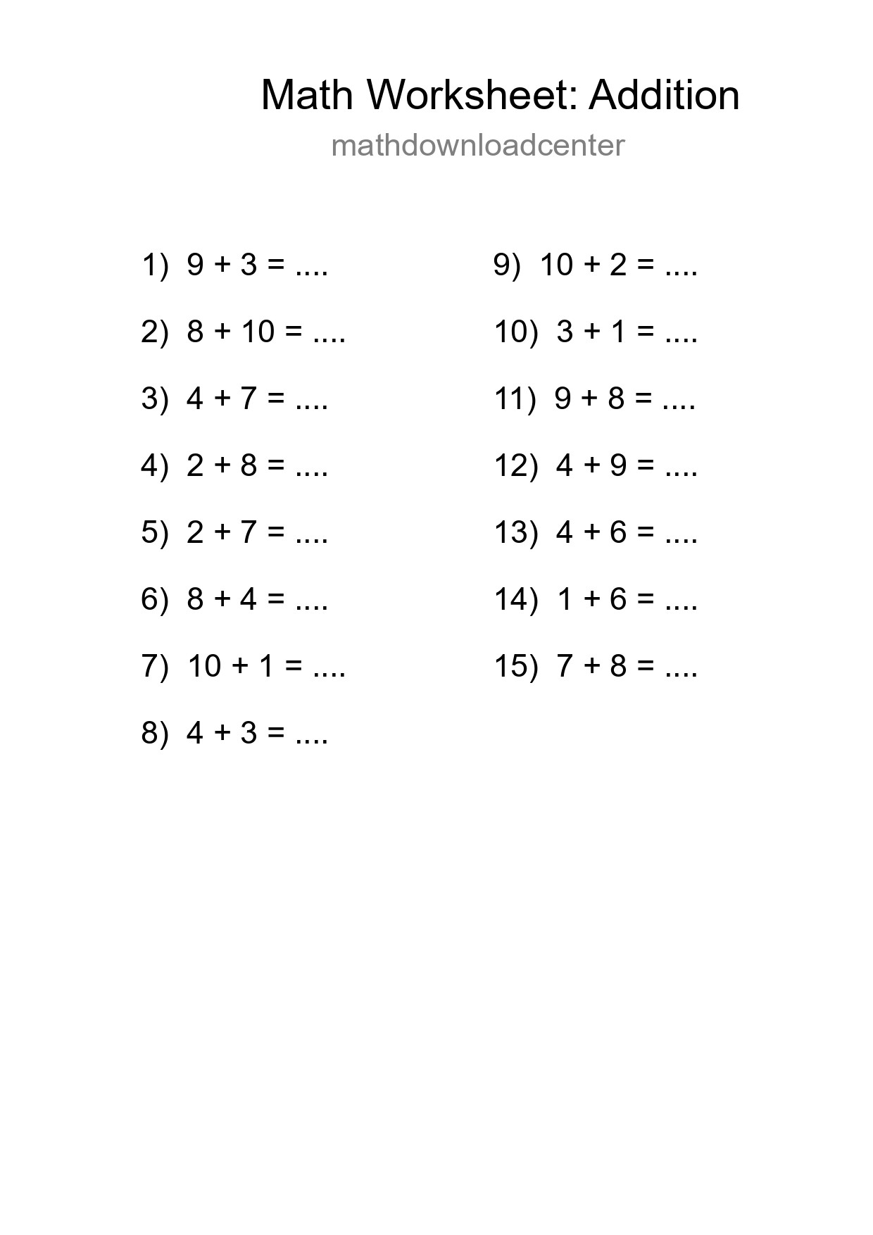Printable Free 15 Addition Math Worksheet For Grade 1 - Part 133