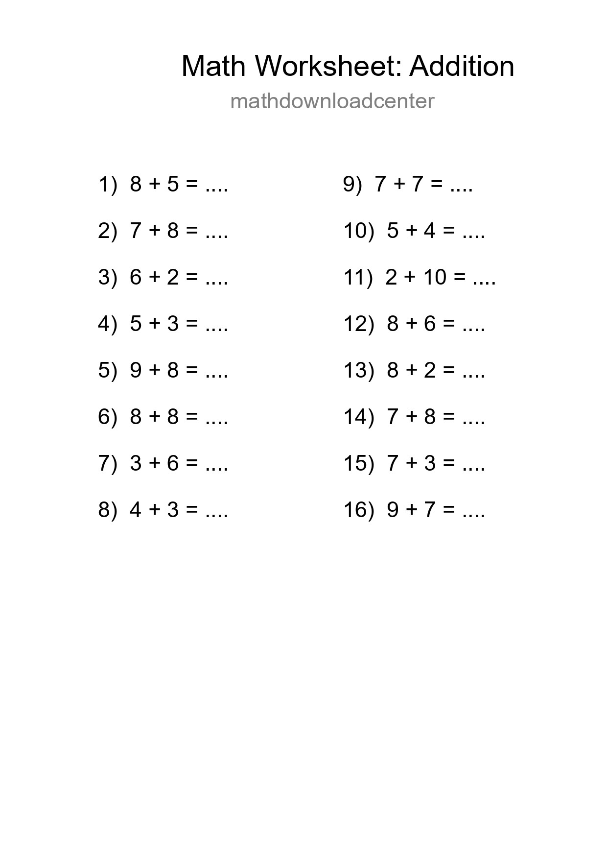 Printable Free 16 Addition Math Worksheet For Grade 1 - Part 12