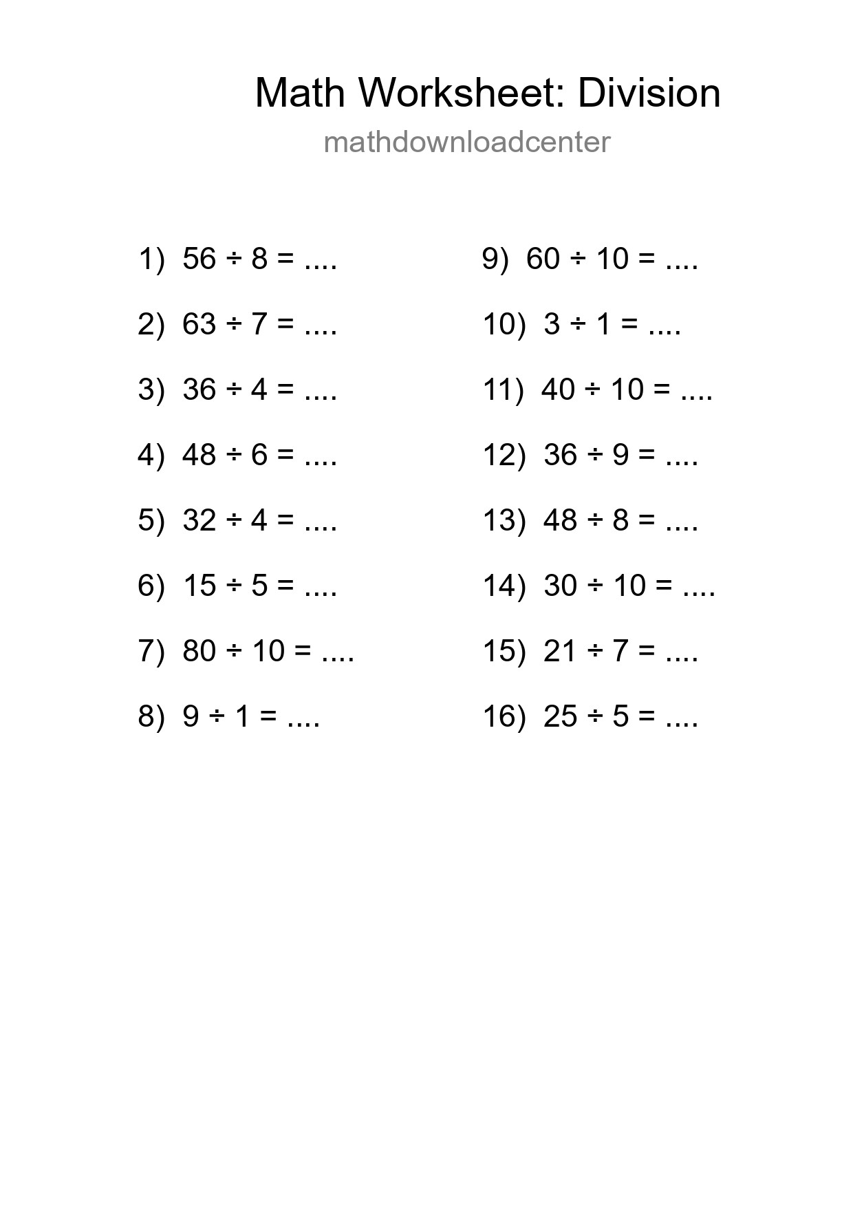 Printable Free 16 Division Math Worksheet For Grade 1 - Part 15