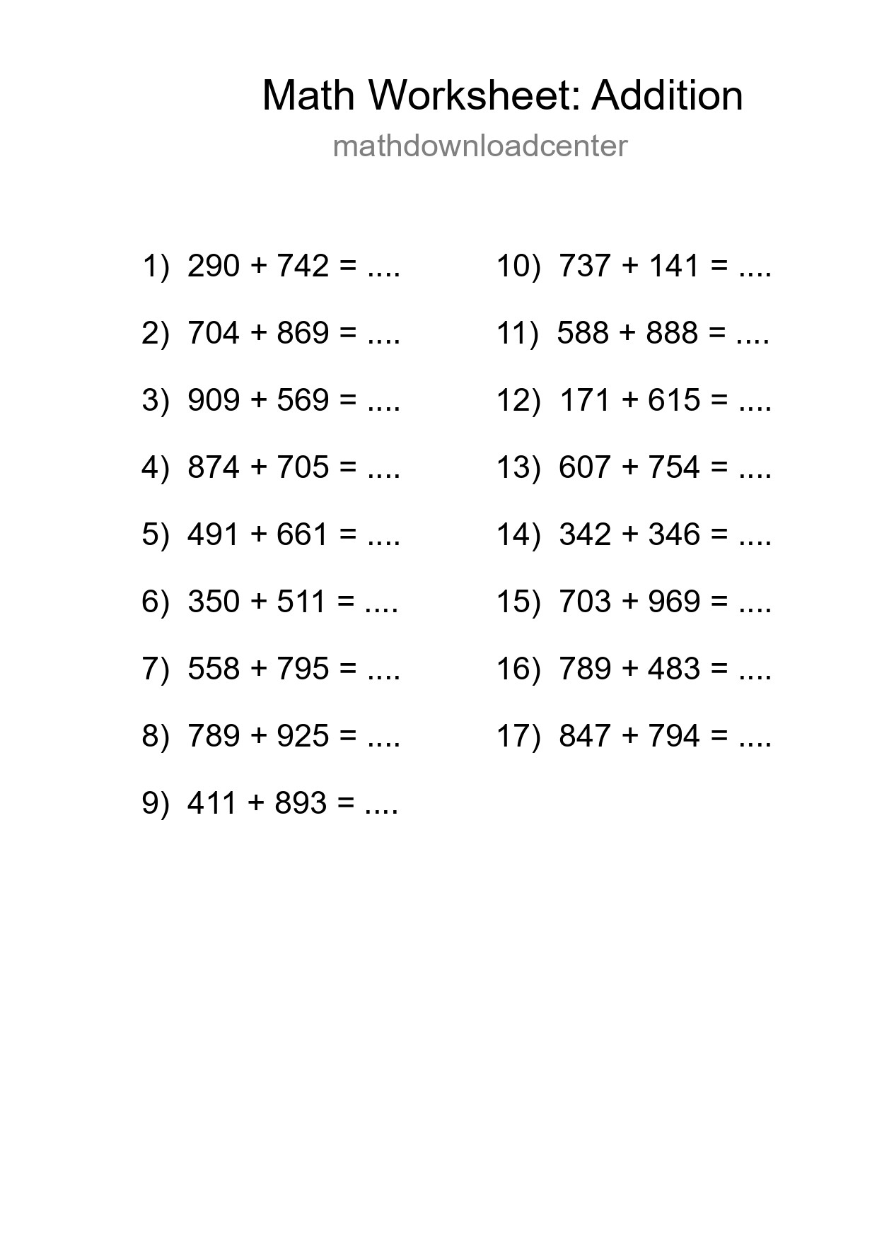 Printable Free 17 Addition Math Worksheet For Grade 5 - Part 100