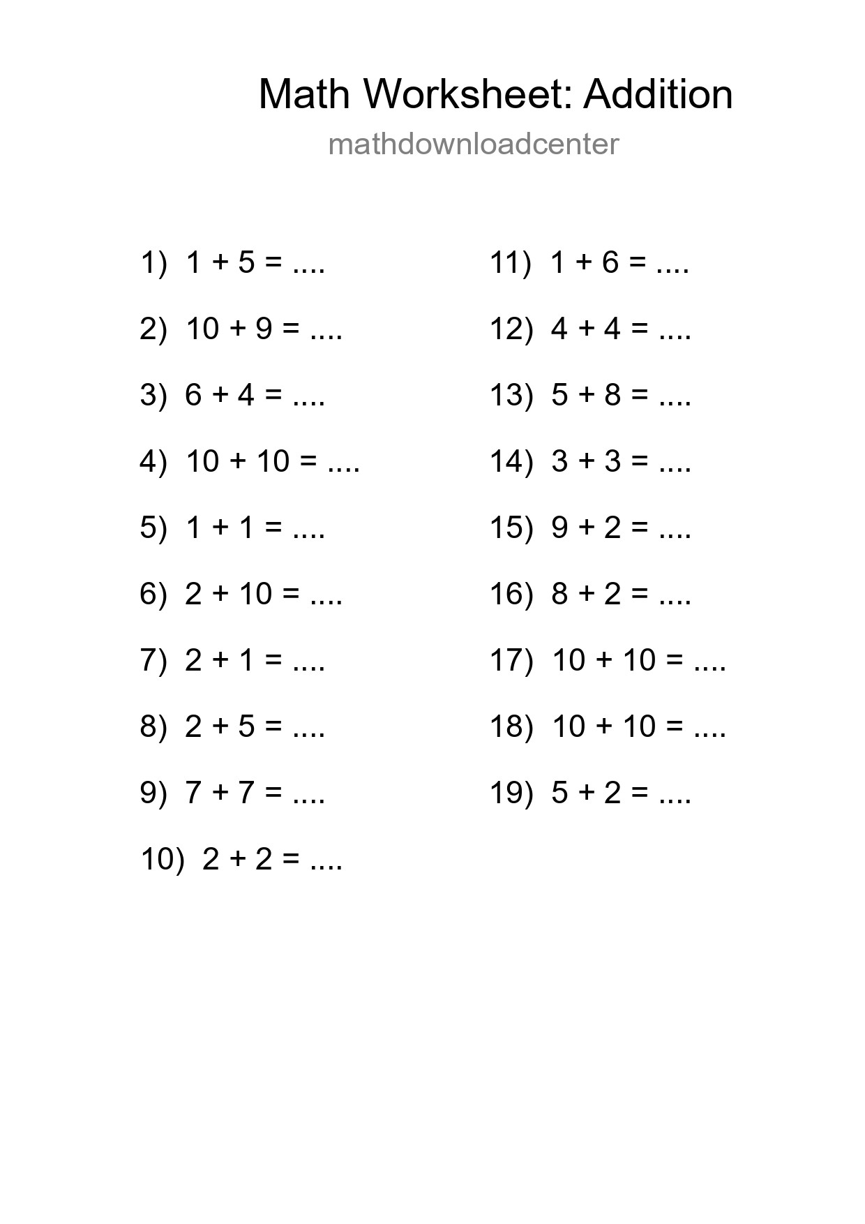 Printable Free 19 Addition Math Worksheet For Grade 1 - Part 166