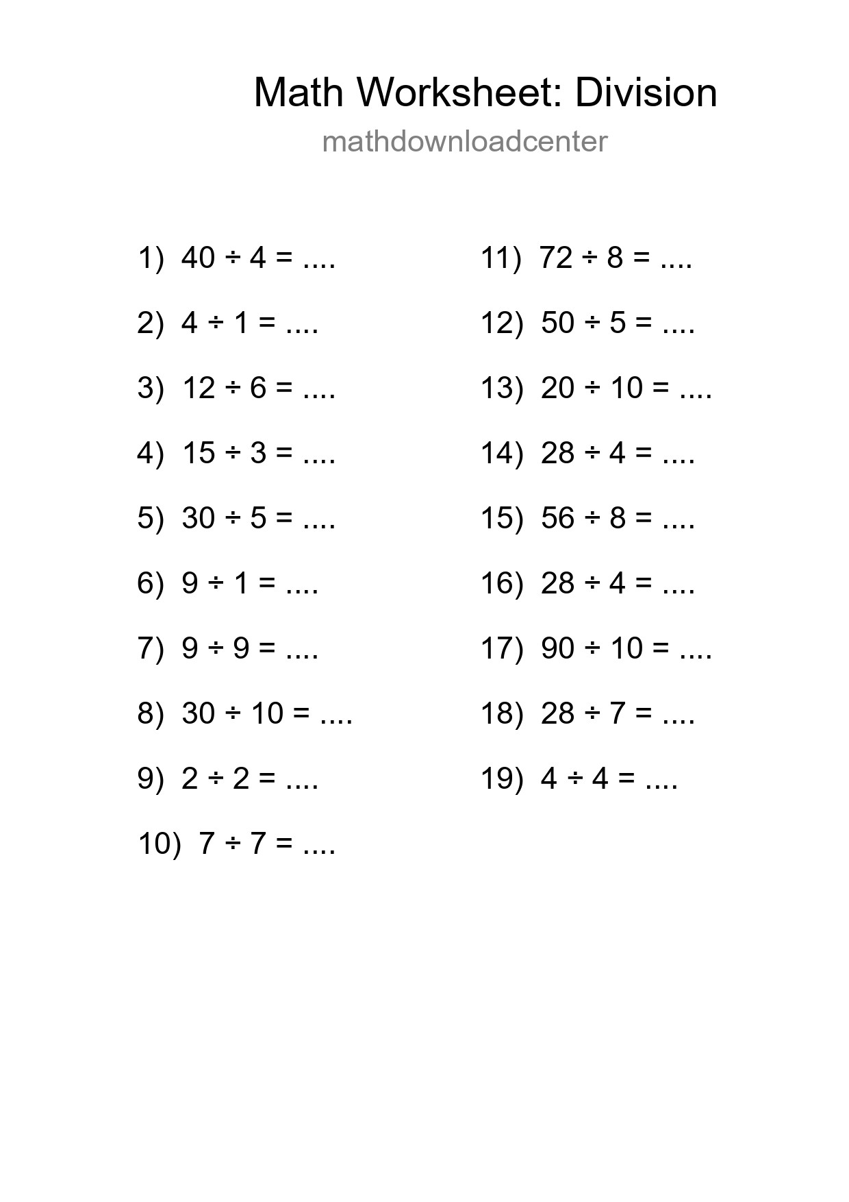 Printable Free 19 Division Math Worksheet For Grade 1 - Part 191