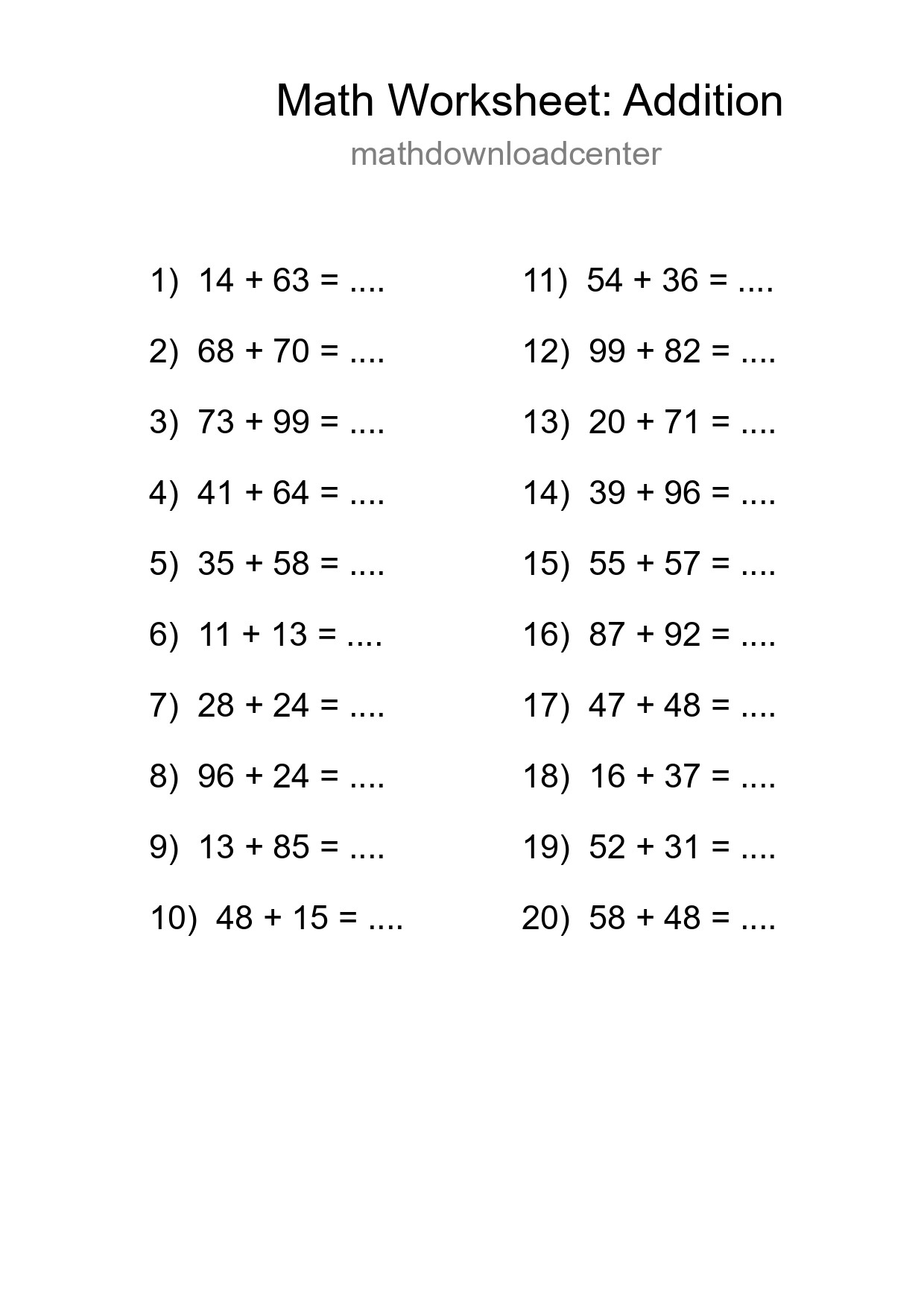 Printable Free 20 Addition Math Worksheet For Grade 3 - Part 221