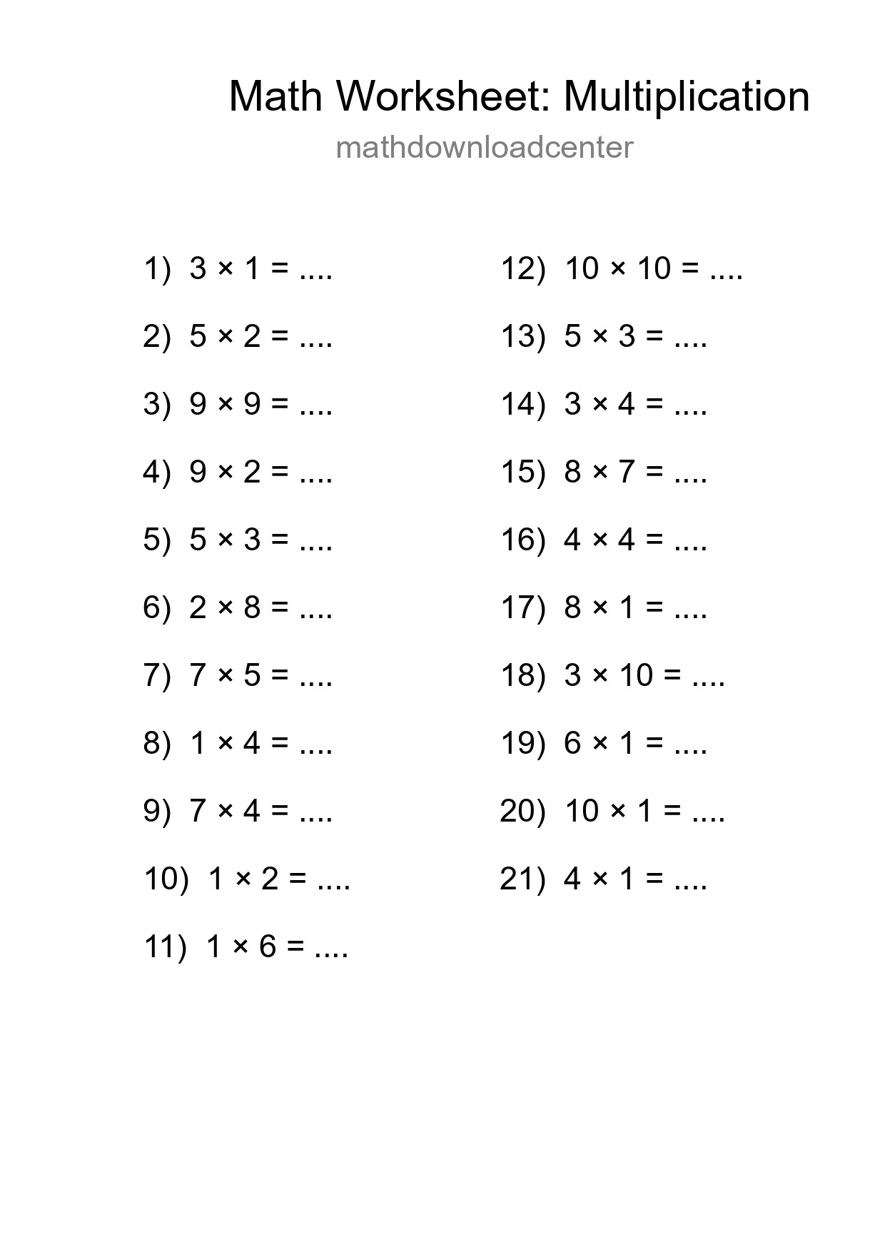 Printable Free 21 Multiplication Math Worksheet For Grade 1 - Part 249