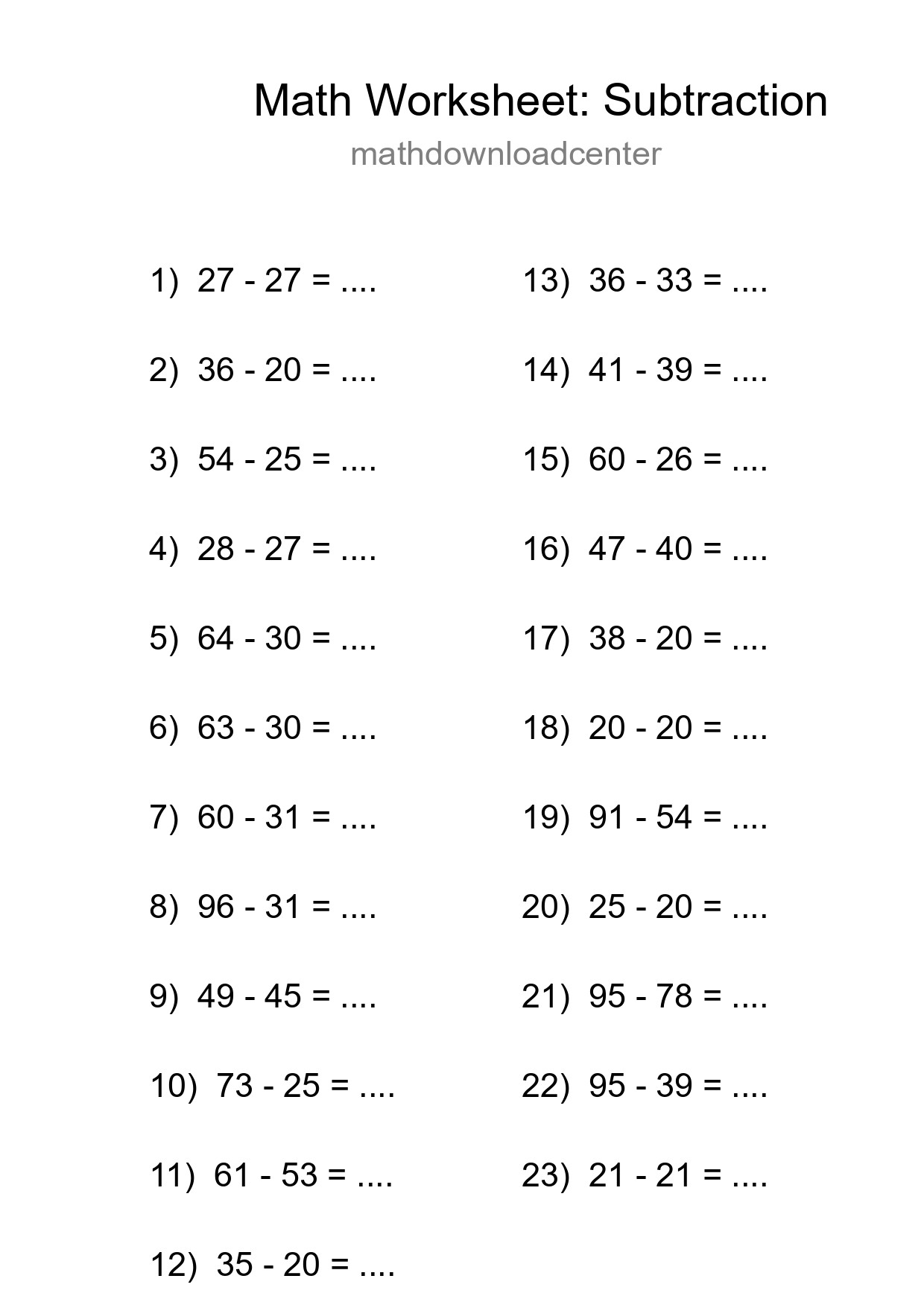 Printable Free 23 Subtraction Math Worksheet For Grade 3 - Part 52