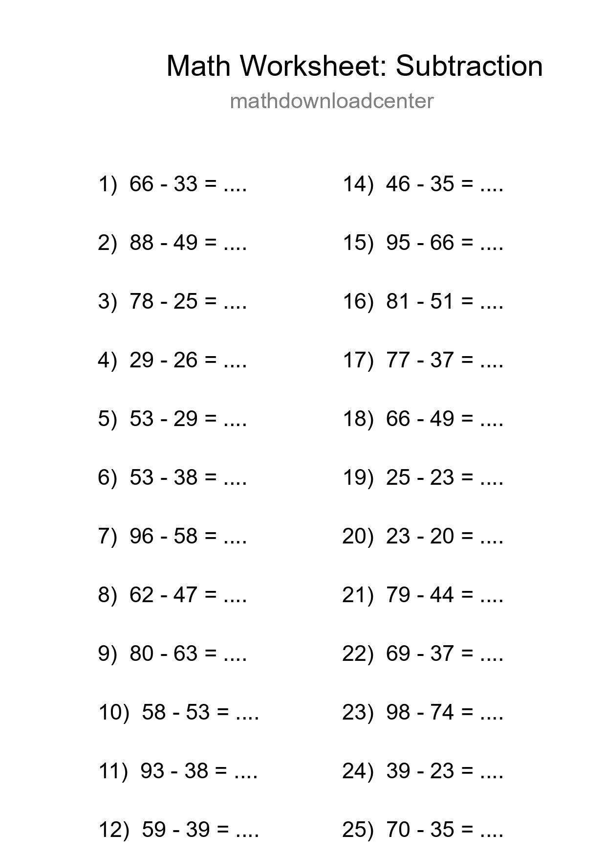 Printable Free 25 Subtraction Math Worksheet For Grade 3 - Part 261