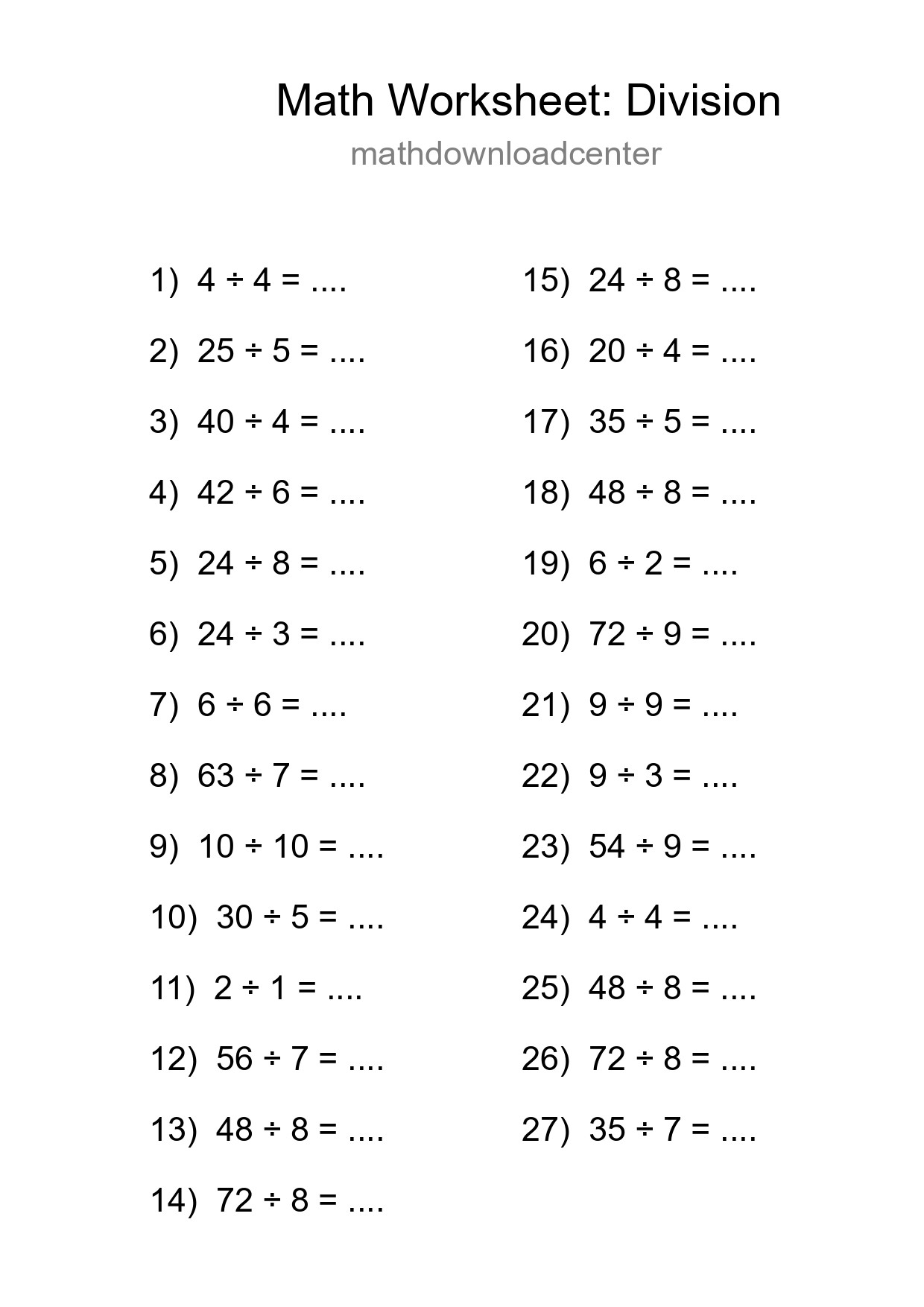 Printable Free 27 Division Math Worksheet For Grade 1 - Part 37